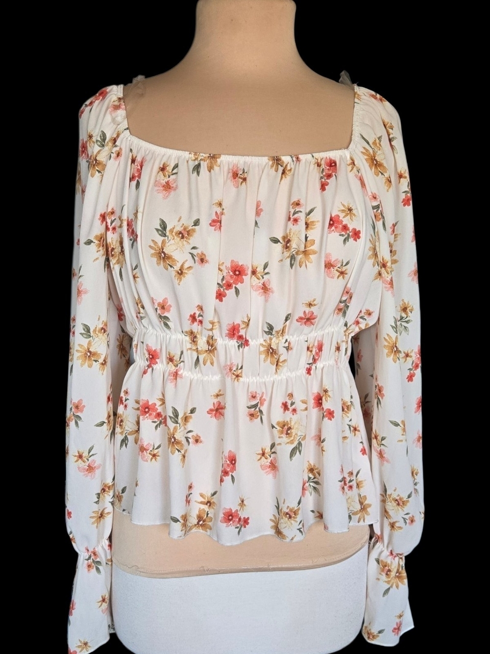 Love White Floral Square-Neck Peplum Blouse Sz Xl